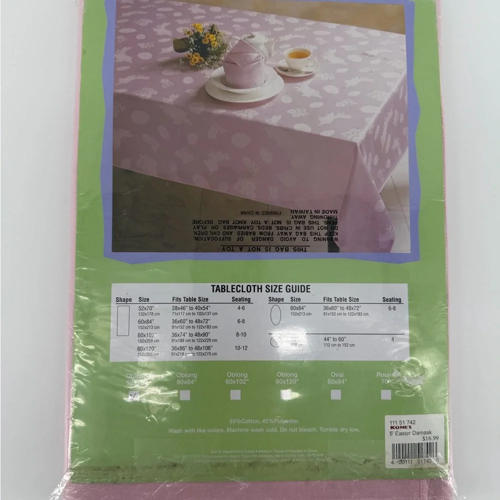 NEW Sonoma Easter Damask Printed Light Pink Tablecloth, Oblong 52